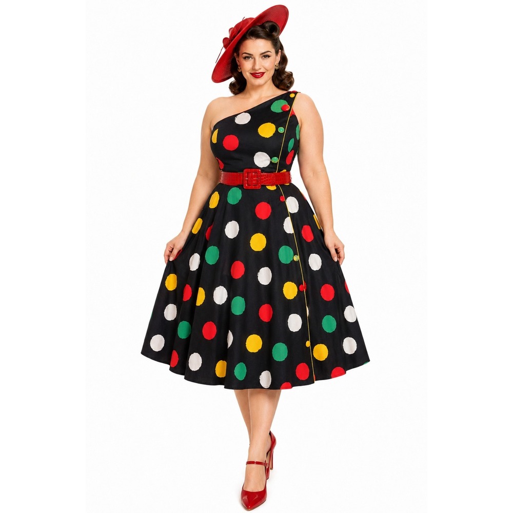 Pinup Polka Dot 80s does 50s Dress Strapless Multicolor Vintage